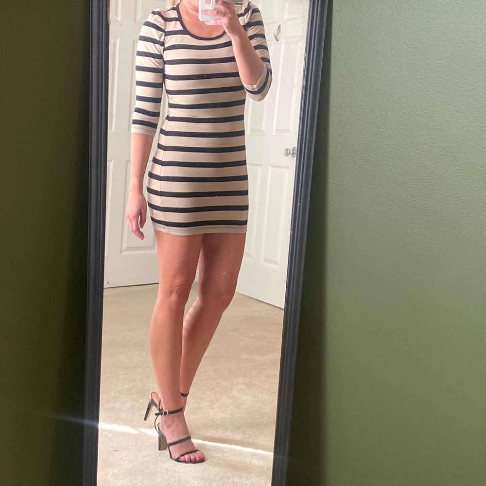 Cream and black striped 3/4 sleeve Bodycon dress